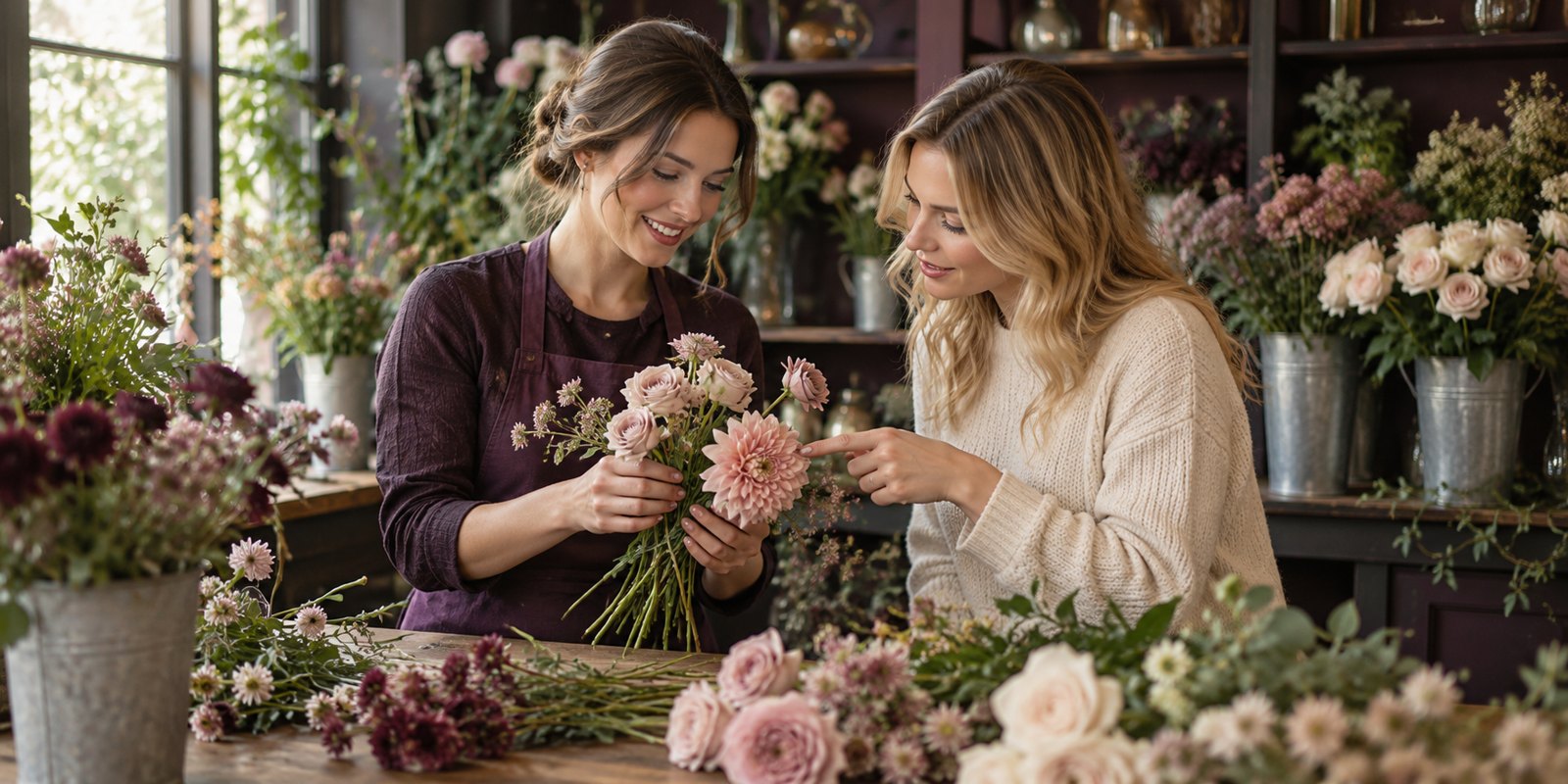 A florist helping a customer choose flowers for a personal bouquet