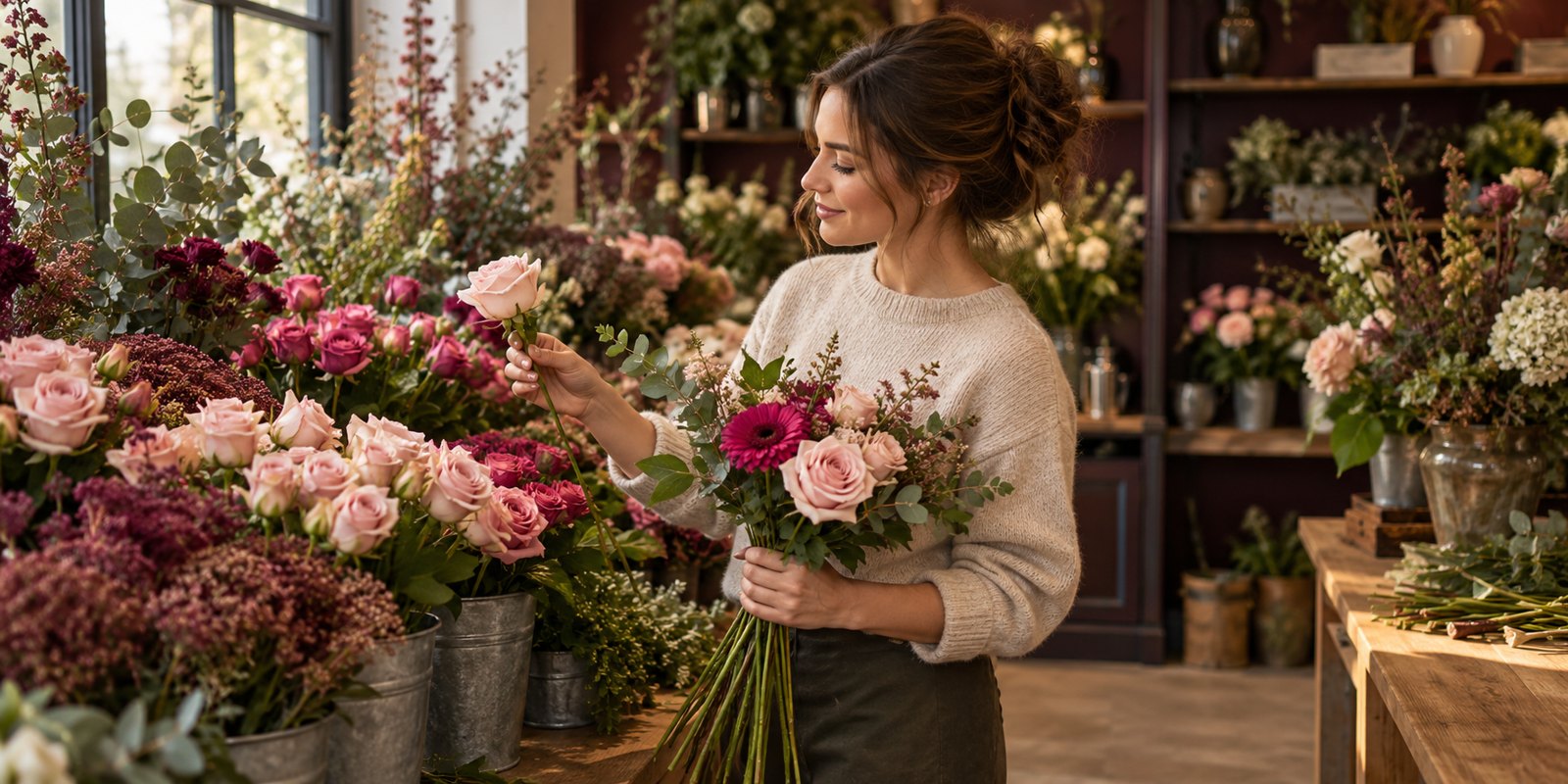 A customer choosing individual flower stems in a florist shop